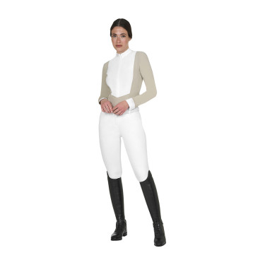 Polo de concours Equestro femme à manches longues avec zip Oxford tan Rose