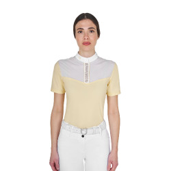Polo de concours Equestro femme coupe slim avec empiècements en tissu effet soie Soleil Orange