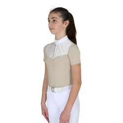 Polo de concours Equestro fille coupe ajustée avec inserts en tissu type soie Oxford tan Rose