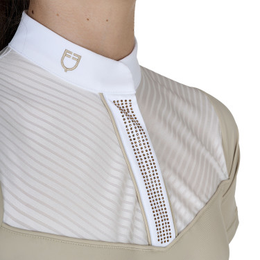 Polo de concours Equestro fille coupe ajustée avec inserts en tissu type soie Oxford tan Rose