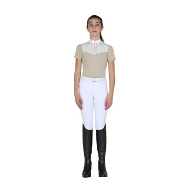 Polo de concours Equestro fille coupe ajustée avec inserts en tissu type soie Oxford tan Rose