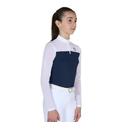 Polo de concours Equestro fille à manches longues avec empiècements en micro mesh Marine blazer Bleu marine