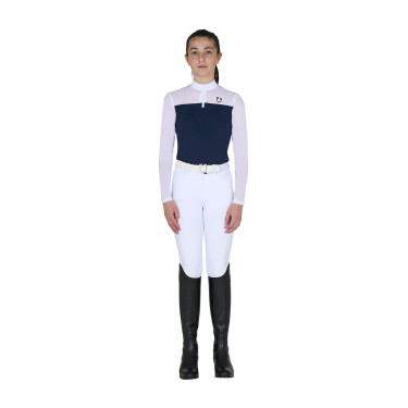 Polo de concours Equestro fille à manches longues avec empiècements en micro mesh Marine blazer Bleu marine