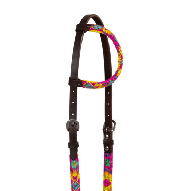 Bride western Pool's avec perles multicolores et cuir huilé à une oreille Marron foncé