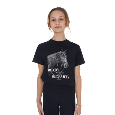 Meisjes T-shirt Equestro Ready To The Party van katoen met strass, korte mouwen Zwart