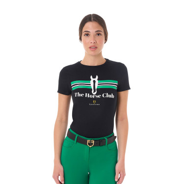 Dames T-shirt Equestro Stripe Horse Club katoen met korte mouwen Zwart