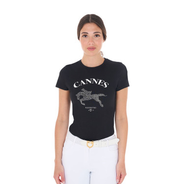 Dames T-shirt Equestro Cannes katoen met strass, korte mouwen Zwart Dames T-shirt Equestro Cannes katoen met strass, korte mouwen Zwart