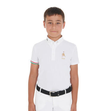 Wedstrijdpolo jongen met vier knopen Equestro x FISE korte mouwen Wit