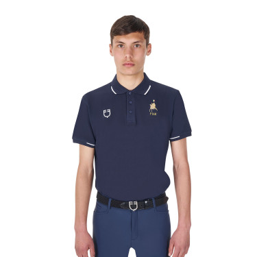 Heren trainingspolo Equestro x FISE met drie knopen en korte mouwen Marineblazer Marineblauw