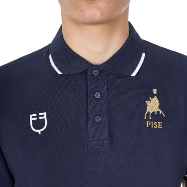 Heren trainingspolo Equestro x FISE met drie knopen en korte mouwen Marineblazer Marineblauw