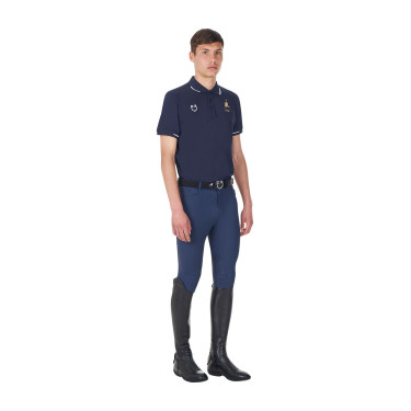 Heren trainingspolo Equestro x FISE met drie knopen en korte mouwen Marineblazer Marineblauw