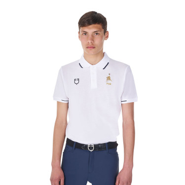 Polo d’entraînement homme Equestro x FISE trois boutons manches courtes Blanc