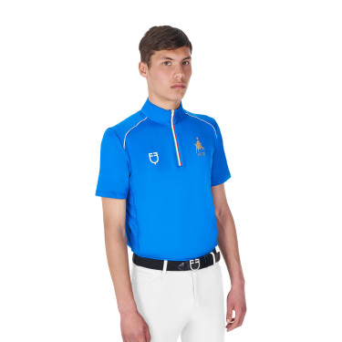 Polo d’entraînement homme Equestro x FISE avec zip drapeau italien manches courtes Bleu de savoie