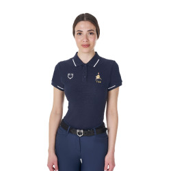 Polo d’entraînement femme Equestro x FISE trois boutons manches courtes Marine blazer Bleu marine