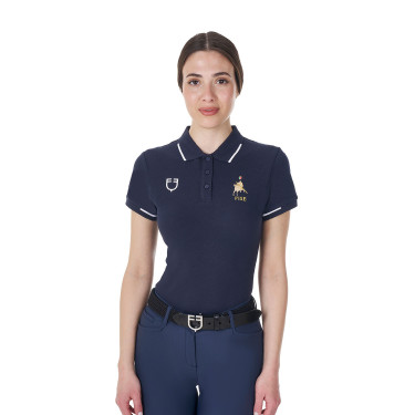 Polo d’entraînement femme Equestro x FISE trois boutons manches courtes Marine blazer Bleu marine