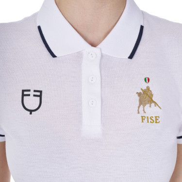 Polo d’entraînement femme Equestro x FISE trois boutons manches courtes Blanc