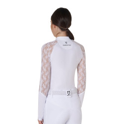 Polo d’entraînement femme Equestro manches longues dentelle Blanc