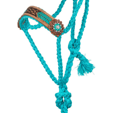 Licol corde Pool’s avec insert cuir travaillé Turquoise Bleu