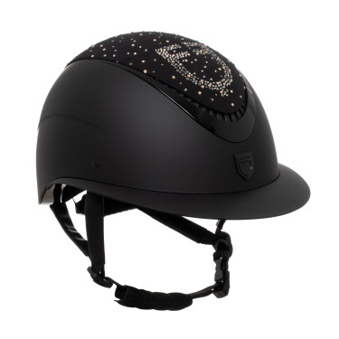 Equestro matte rijhelm met brede klep en strasslogo, goedgekeurd volgens EN 1384-2023 Zwart / glanzend zwart Equestro matte rijhelm met brede klep en strasslogo, goedgekeurd volgens EN 1384-2023 Zwart / glanzend zwart