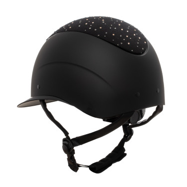 Equestro matte rijhelm met brede klep en strasslogo, goedgekeurd volgens EN 1384-2023 Zwart / glanzend zwart Equestro matte rijhelm met brede klep en strasslogo, goedgekeurd volgens EN 1384-2023 Zwart / glanzend zwart