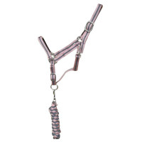 Licol synthétique doublé + longe tressée américaine T de T Gris / rose