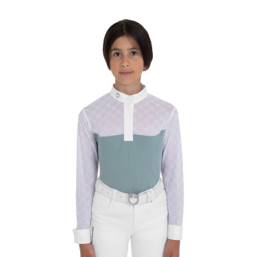 Wedstrijdpolo voor meisjes met lange mouwen met tule Equestro kinderen Leigrijs
