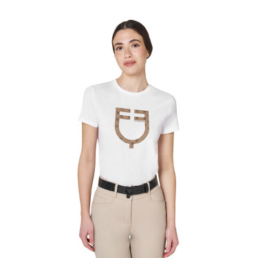 Dames T-shirt met fluwelen monogramlogo Equestro Wit / tabaksbruin