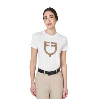 T-shirt femme avec logo monogramme effet velours Equestro Blanc / marron tabac