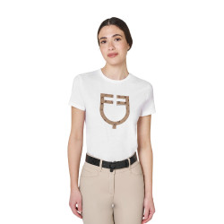 T-shirt femme avec logo monogramme effet velours Equestro Blanc / marron tabac