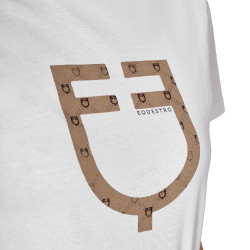 T-shirt femme avec logo monogramme effet velours Equestro Blanc / marron tabac