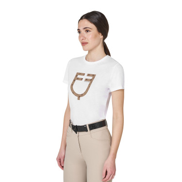 Dames T-shirt met fluwelen monogramlogo Equestro Wit / tabaksbruin