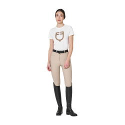 Dames T-shirt met fluwelen monogramlogo Equestro Wit / tabaksbruin
