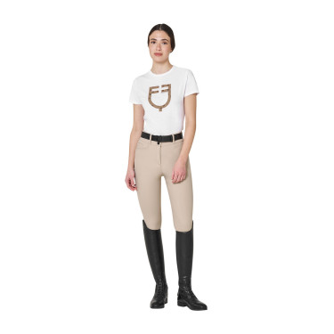 Dames T-shirt met fluwelen monogramlogo Equestro Wit / tabaksbruin